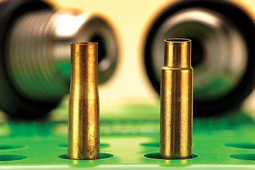 The K-Hornet is one of the easy wildcats that can be made simply by fire forming in the gun. The Hornet cartridge (left) is fire-formed and the higher-performance K version (right) is ready for testing.
